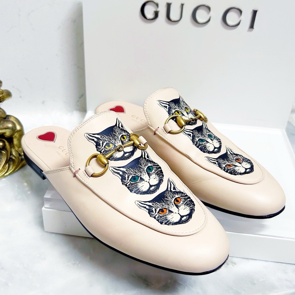 Authentic Gucci Cream / Pink Cat Embroidered Horsebit Leather Princetown Mules - Picture 3 of 14